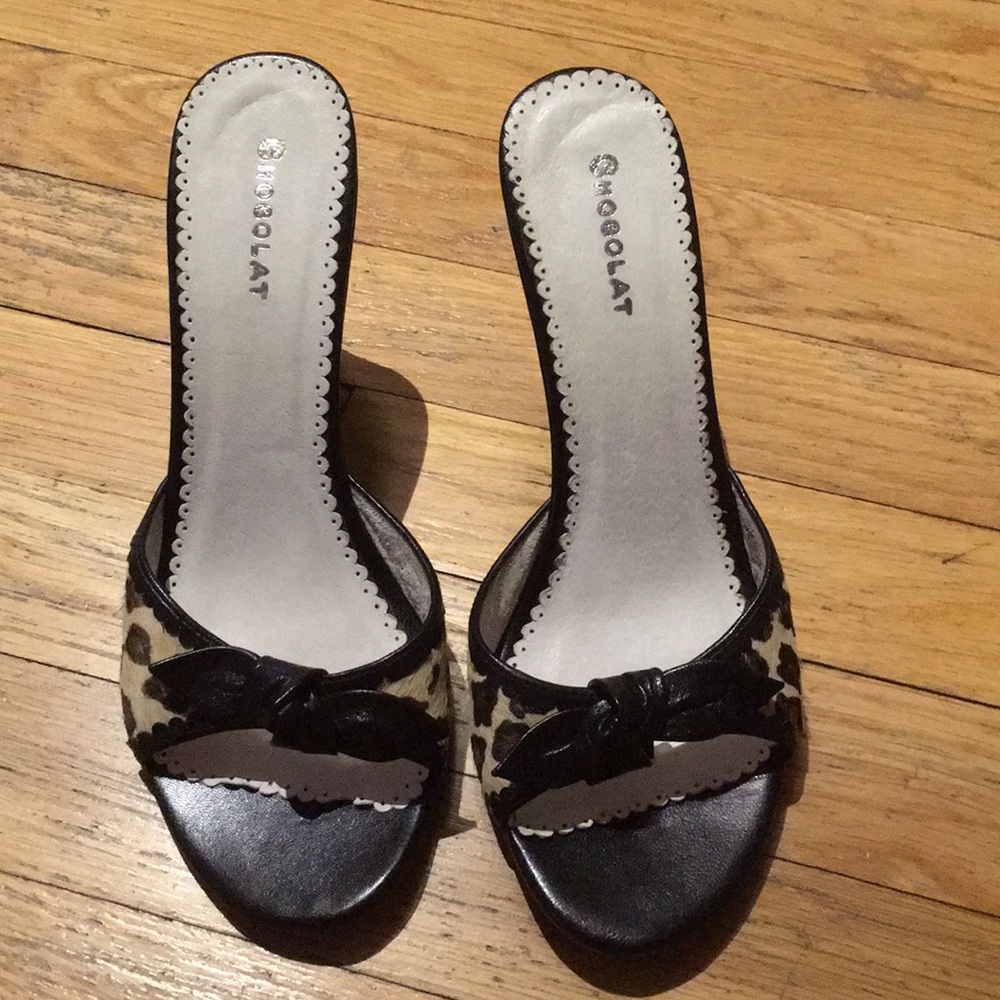 Leopard hair and leather trim wedge slide sandal